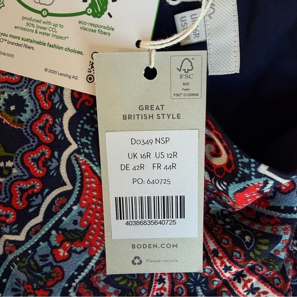 New! Boden Blue Botanic Paisley Smocked Cuff Midi Dress Size 12R 36068 - Picture 8 of 16